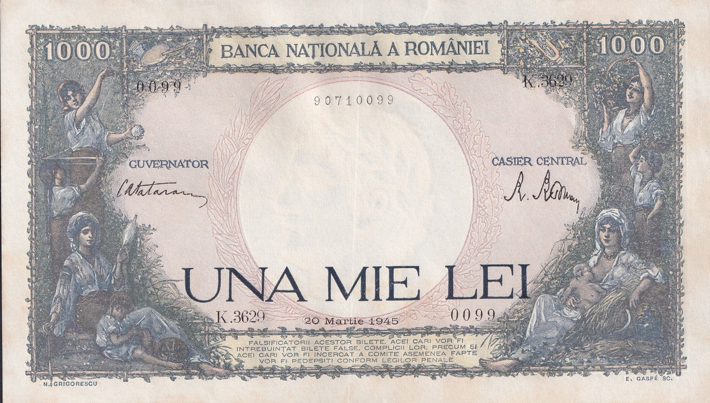 Romania 1000 Lei 1945 P 52 UNC FOXING