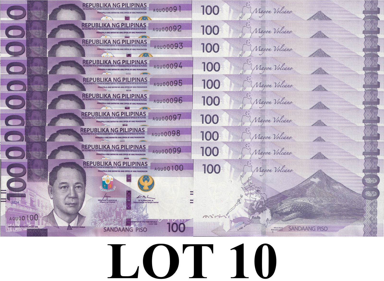 Philippines 100 Piso 2024 P 232A UNC Consecutive Lot 10 pcs LOW S/N 91-100