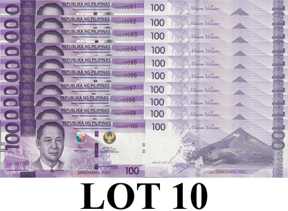 Philippines 100 Piso 2024 P 232A UNC Consecutive Lot 10 pcs LOW S/N 91-100