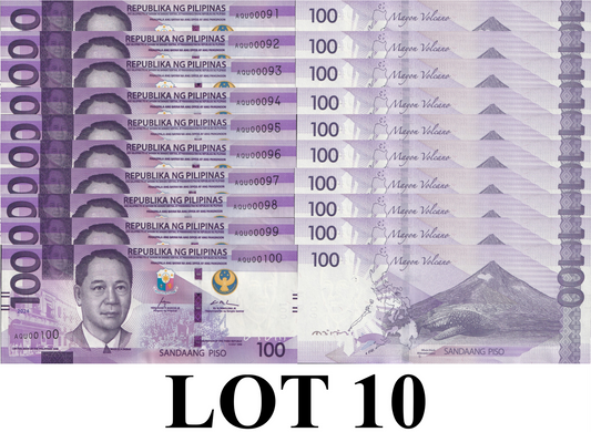 Philippines 100 Piso 2024 P 232A UNC Consecutive Lot 10 pcs LOW S/N 91-100