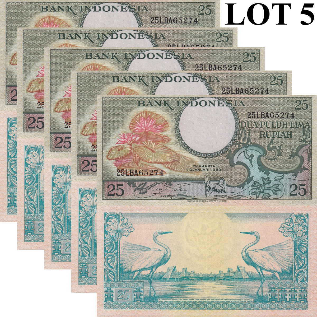Indonesia 25 Rupiah 1959 P 67 UNC 1/20 Bundle Lot 5 pcs