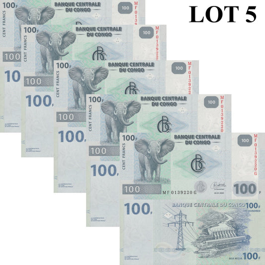 Congo Democratic Republic 100 Francs 2022 P 98B UNC 1/20 Bundle Lot 5 pcs