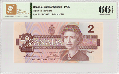 Canada 2 Dollars 1986 P 94b UNC  TQG 66 EPQD With Hard Case