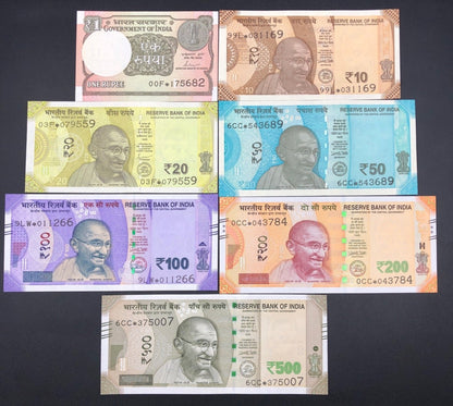 India 1 10-500 Rupees 2017-2020 P 109 110-114 117c UNC Set 7 pcs Replacement