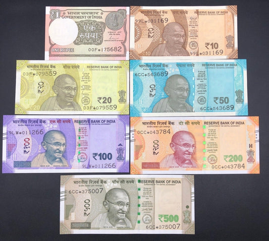 India 1 10-500 Rupees 2017-2020 P 109 110-114 117c UNC Set 7 pcs Replacement