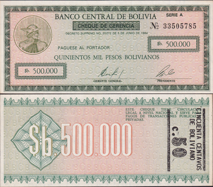 Bolivia 500000 Pesos 1984 P 198 UNC FOXING