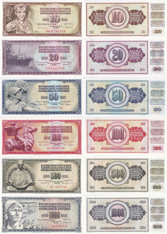 Yugoslavia 10-1000 Dinara 1965-1981 P 87b 85(2) 83b 80c 84b 92d UNC Set 6 pcs
