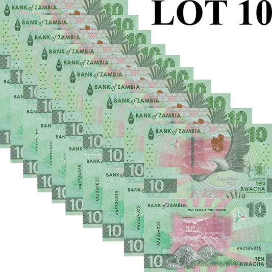 Zambia 10 Kwacha 2024 2025 P New Issue UNC AA Prefix 1/10 Bundle LOT 10 pcs