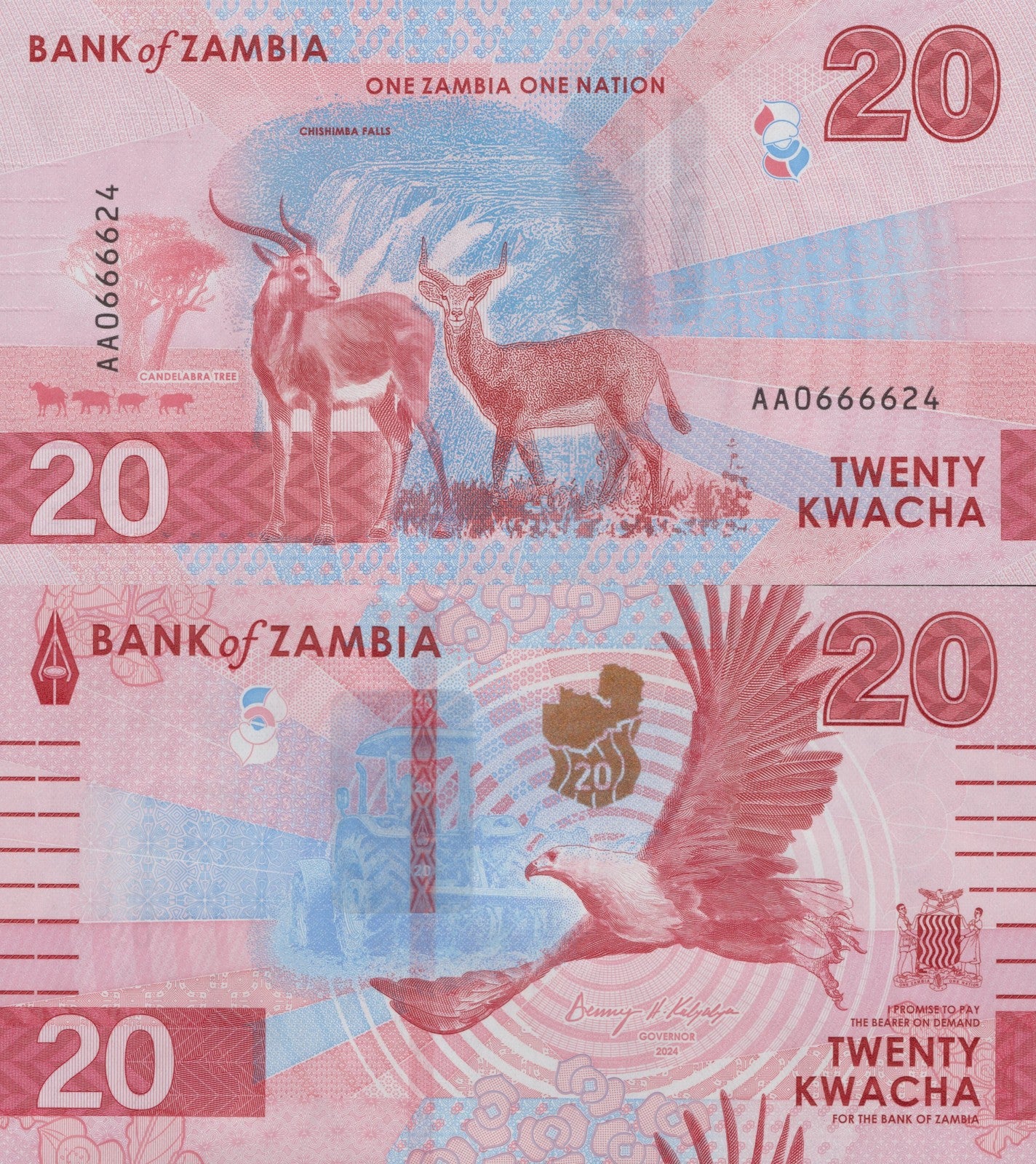 Zambia 20 Kwacha 2024 2025 P New Issue UNC AA First Prefix