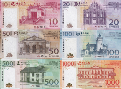 Macau Macao 10 20 50 100 500 1000 Patacas 2008 P 108a-113a UNC BOC Set 6 pcs