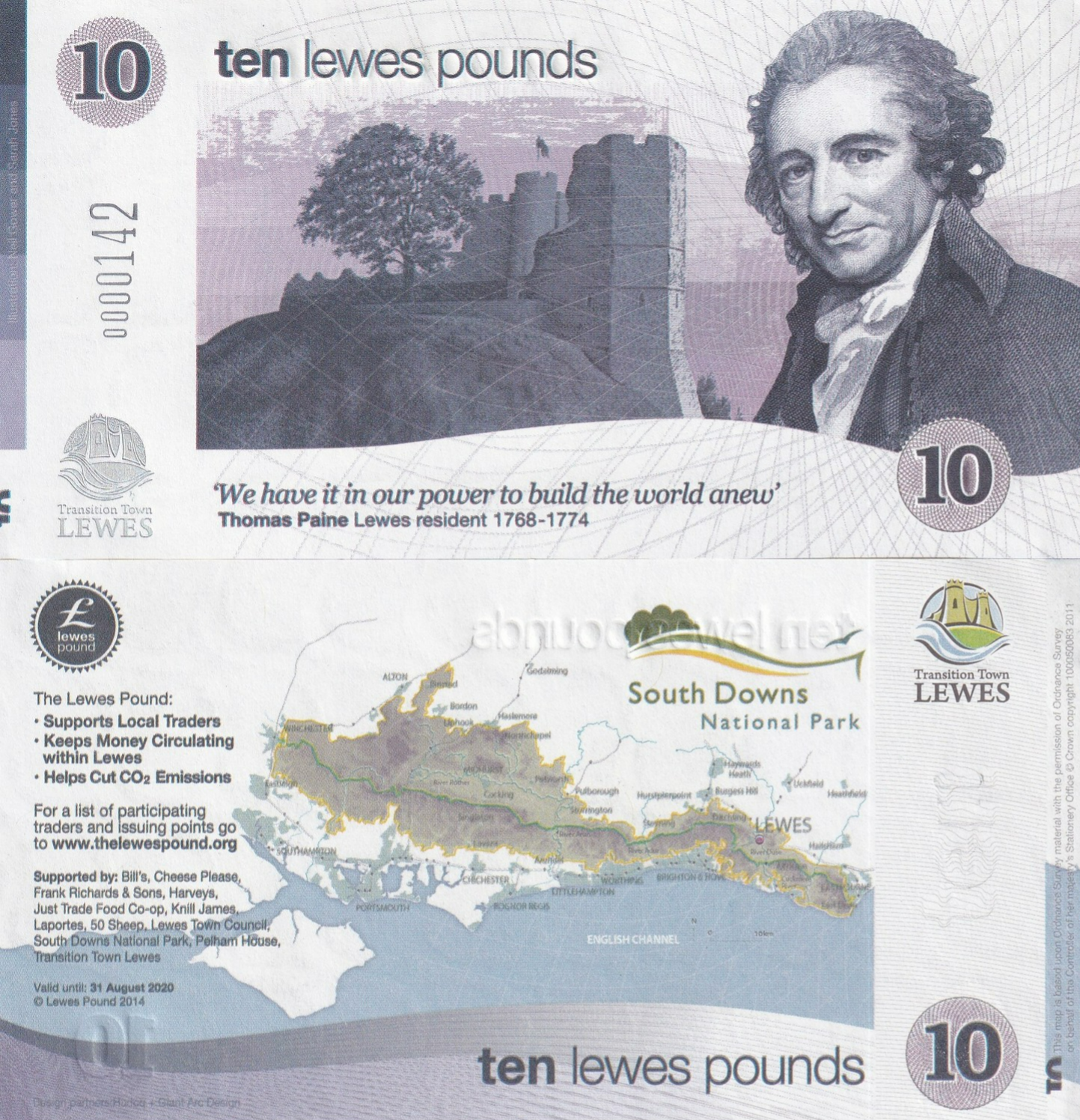 England Transition Town 2014 10 Lewes Pounds UNC LOW SERIAL NO. 0000XXX