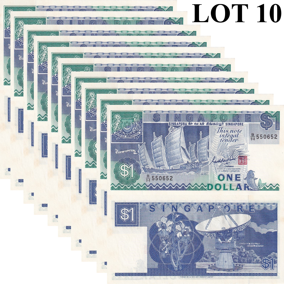 Singapore 1 Dollar ND 1987 P 18 UNC MINOR FOXING 1/10 Bundle Lot 10 pcs