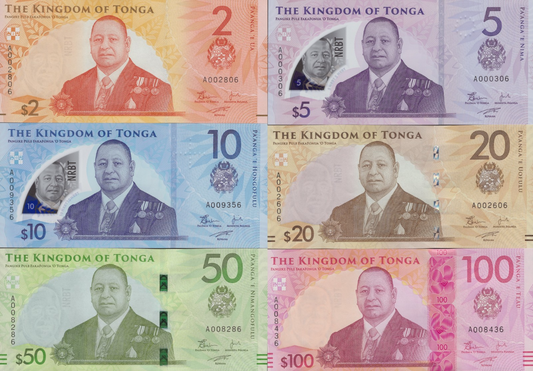 Tonga 2 5-100 Pa'anga 2023(2024) P 50 51 52-55 Paper Polymer UNC Set 6 p LOW S/N