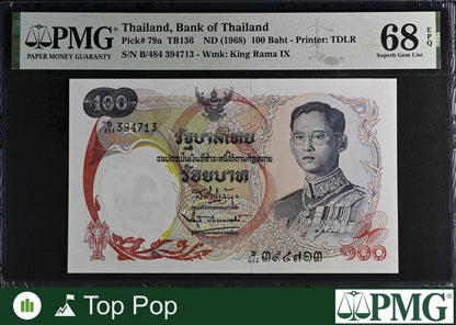 Thailand Bank of Thailand 100 Baht ND (1968) P 79a UNC PMG 68 EPQ TOP POP