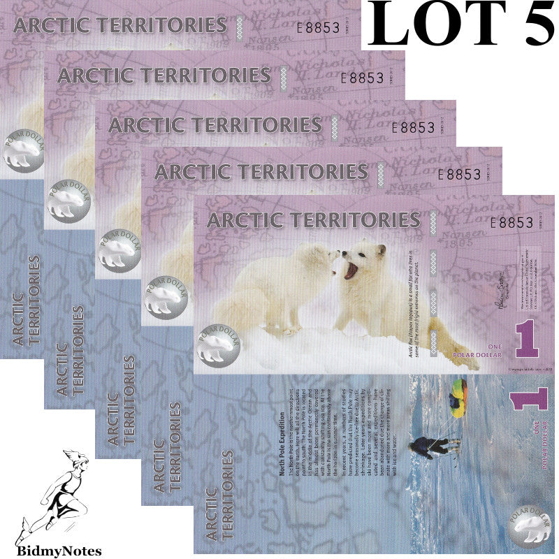 Arctic Territories 1 Dollars 2012 Polymer Arctic Fox UNC Test Note Lot 5 pcs