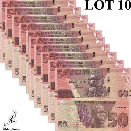 Zimbabwe 50 Dollars 2020 P 105 UNC 1/10 Bundle LOT 10 pcs