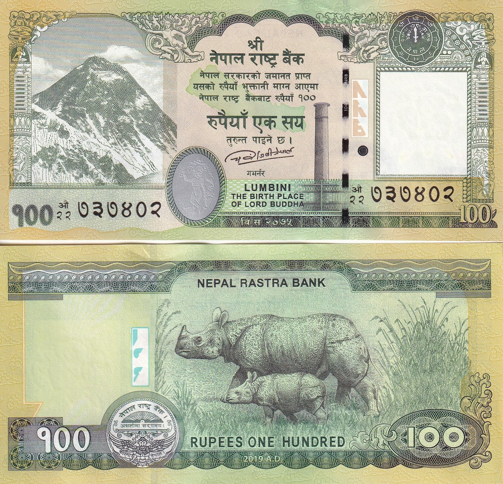 Nepal 100 Rupees 2019 P 80 UNC Rhino