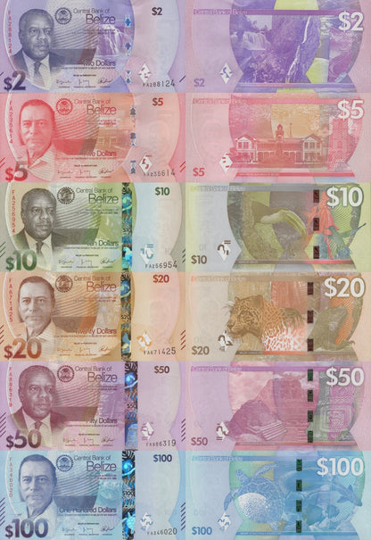 Belize 2 5 10 20 50 100 Dollars 2025 P New Issue UNC Full Set Set 6 pcs