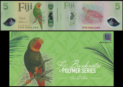 Fiji 5 Dollars 2026 P New Polymer Design UNC AA Prefix With Folder