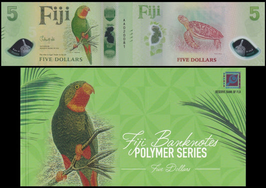 Fiji 5 Dollars 2026 P New Polymer Design UNC AA Prefix With Folder