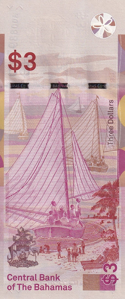 Bahamas 3 Dollars 2019 P 78 UNC LOW Serial No. 00XXXX