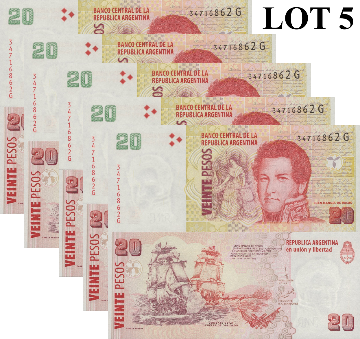 Argentina 20 Pesos ND 2003 P 355c UNC 1/20 Bundle Lot 5 pcs