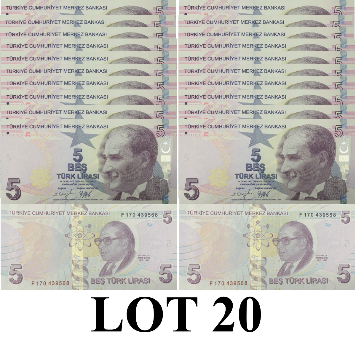 Turkey 5 Turk Lirasi 2009/2022 P 222 UNC 1/5 Bundle Lot 20 pcs