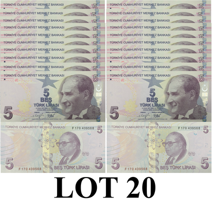 Turkey 5 Turk Lirasi 2009/2022 P 222 UNC 1/5 Bundle Lot 20 pcs