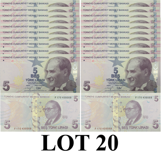 Turkey 5 Turk Lirasi 2009/2022 P 222 UNC 1/5 Bundle Lot 20 pcs