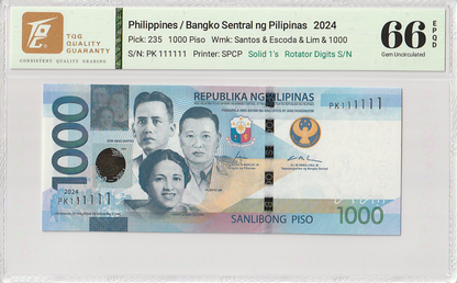 Philippines 1000 Piso 2024 P 235 Solid 1's  UNC TQG 66 EPQD With Hard Case