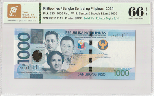 Philippines 1000 Piso 2024 P 235 Solid 1's  UNC TQG 66 EPQD With Hard Case