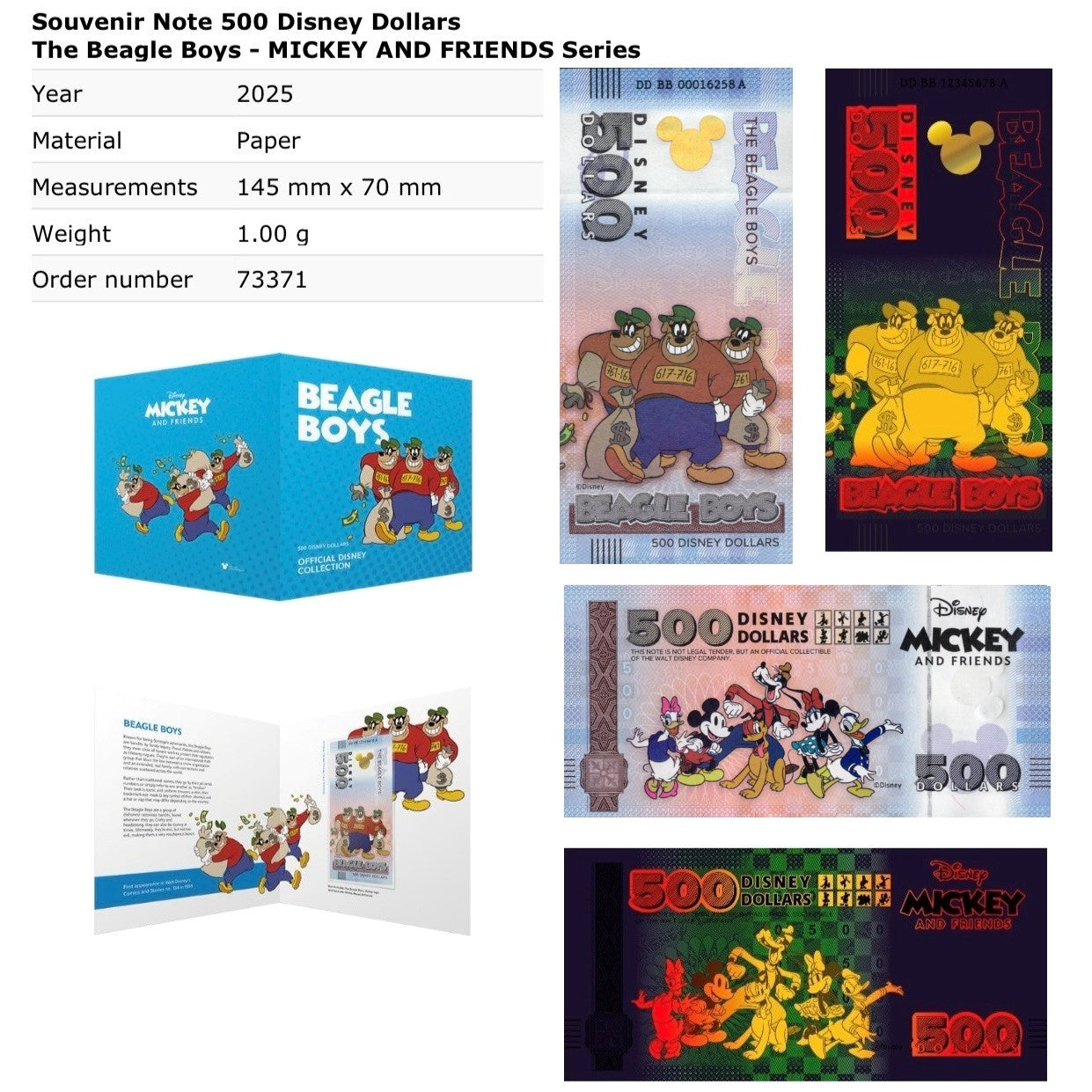 Disney Official Mickey Mouse & Frinds 500 Dollars 2025 Beagle Boys UNC W/F