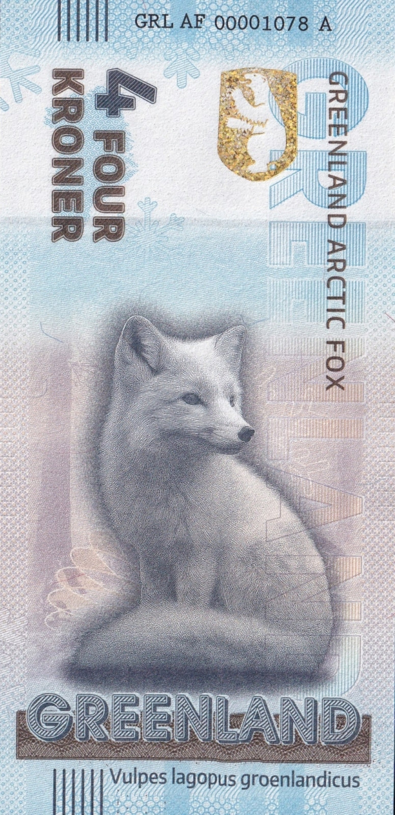 Greenland Souvenir Note 4 Krone Greenland Arctic Fox UNC Test Note