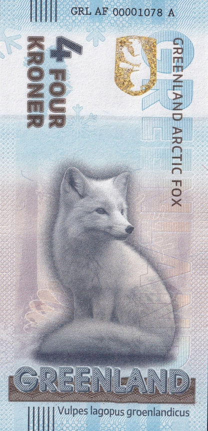 Greenland Souvenir Note 4 Krone Greenland Arctic Fox UNC Test Note