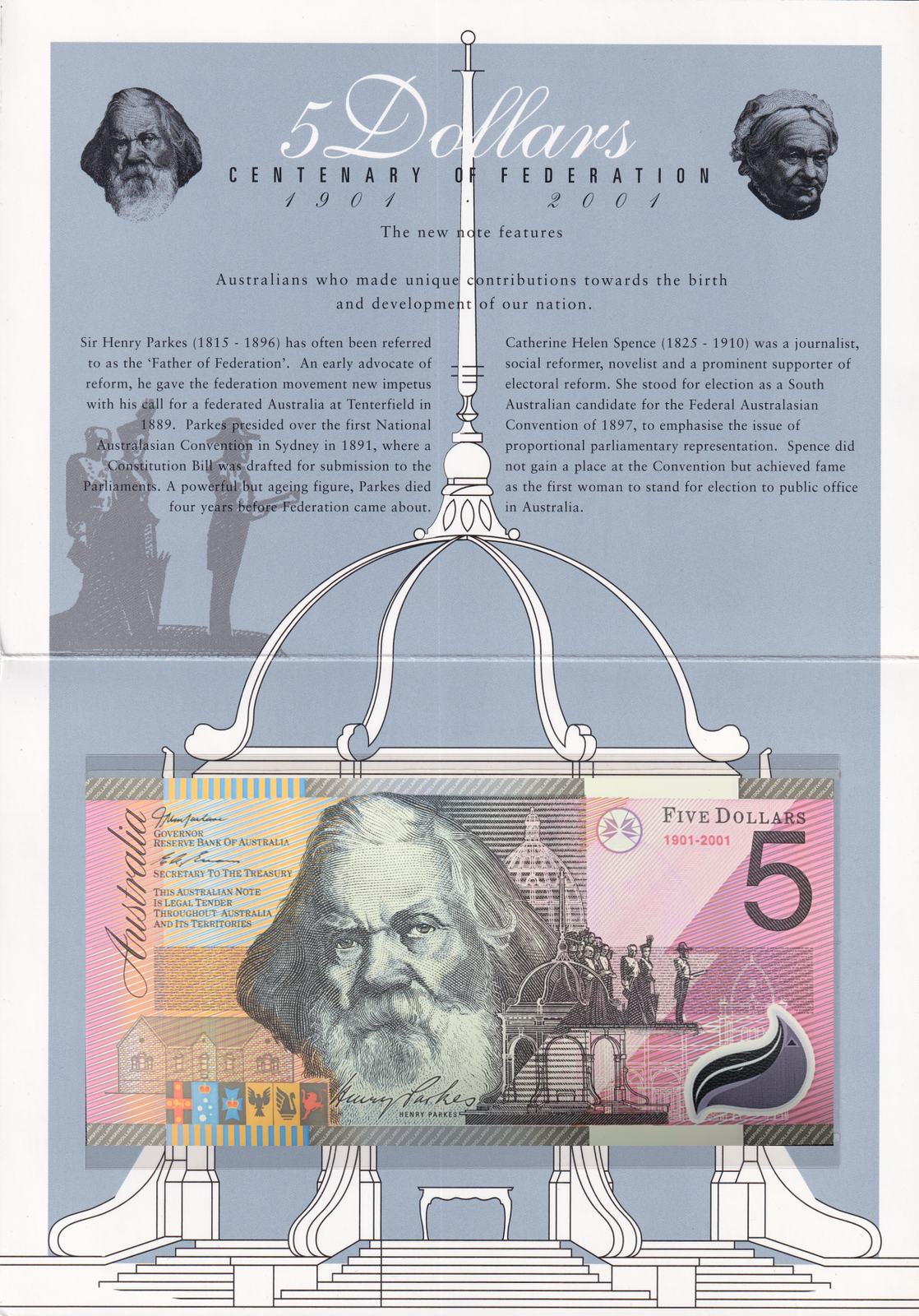 Australia 5 Dollars 1901-2001 P 56b Polymer UNC COMM. AA Prefix With Folder