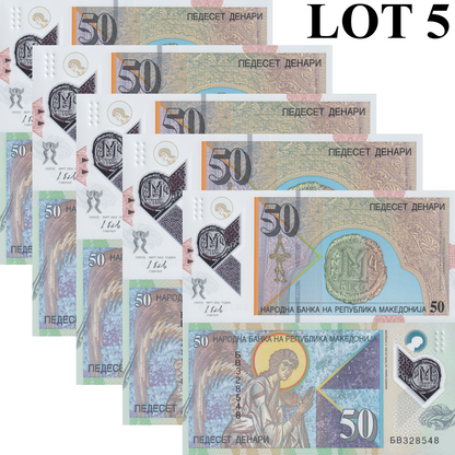 North Macedonia 50 Denari 2018 P 26 Polymer UNC 1/20 Bundle Lot 5 pcs