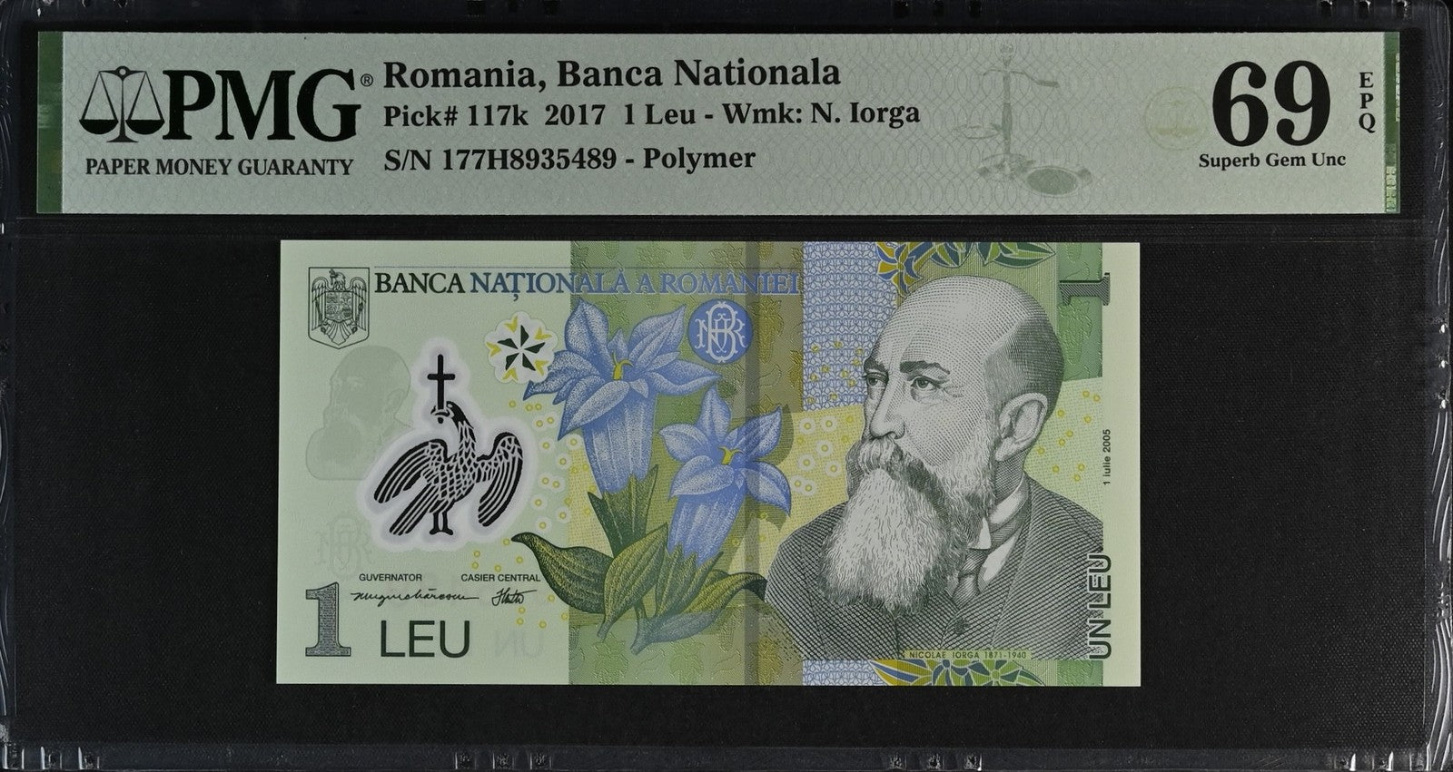 Romania Banca Nationala 1 Leu 2017 P 117k Polymer UNC PMG 69 EPQ 2nd TOP POP