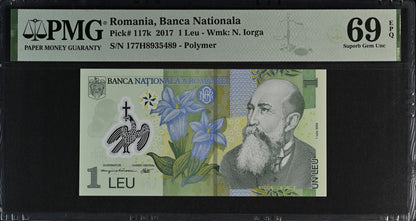 Romania Banca Nationala 1 Leu 2017 P 117k Polymer UNC PMG 69 EPQ 2nd TOP POP