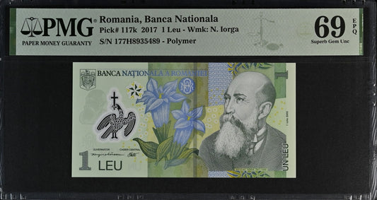 Romania Banca Nationala 1 Leu 2017 P 117k Polymer UNC PMG 69 EPQ 2nd TOP POP