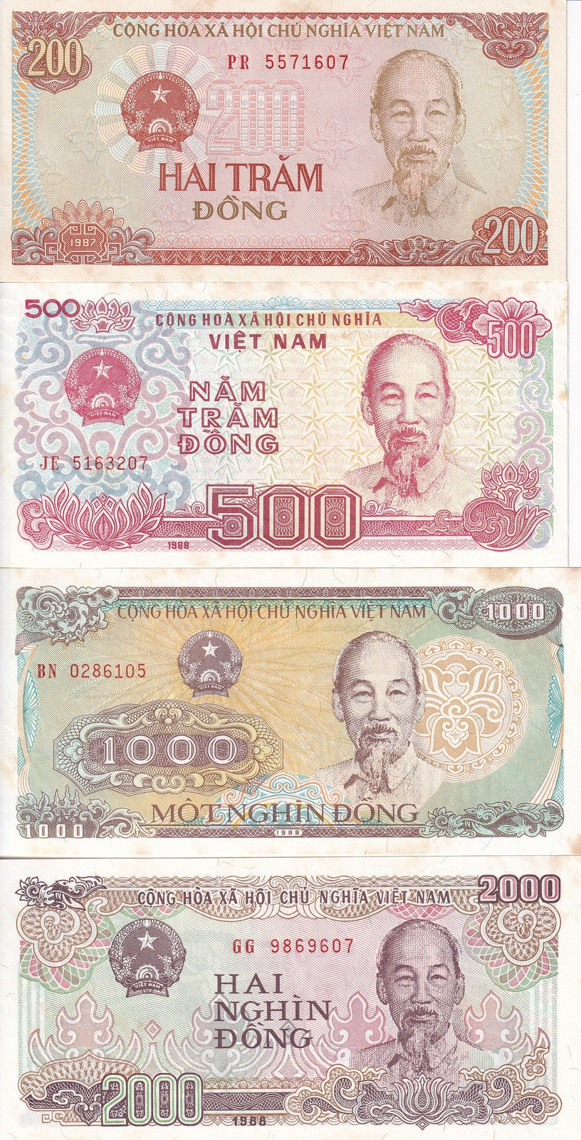 Viet Nam Vietnam 200 500-2000 Dong 1987-1988 P 100 101-107 UNC Set 4 pcs FOXING