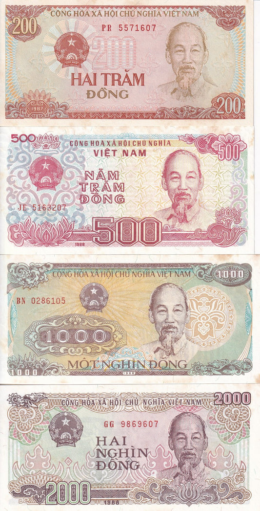 Viet Nam Vietnam 200 500-2000 Dong 1987-1988 P 100 101-107 UNC Set 4 pcs FOXING