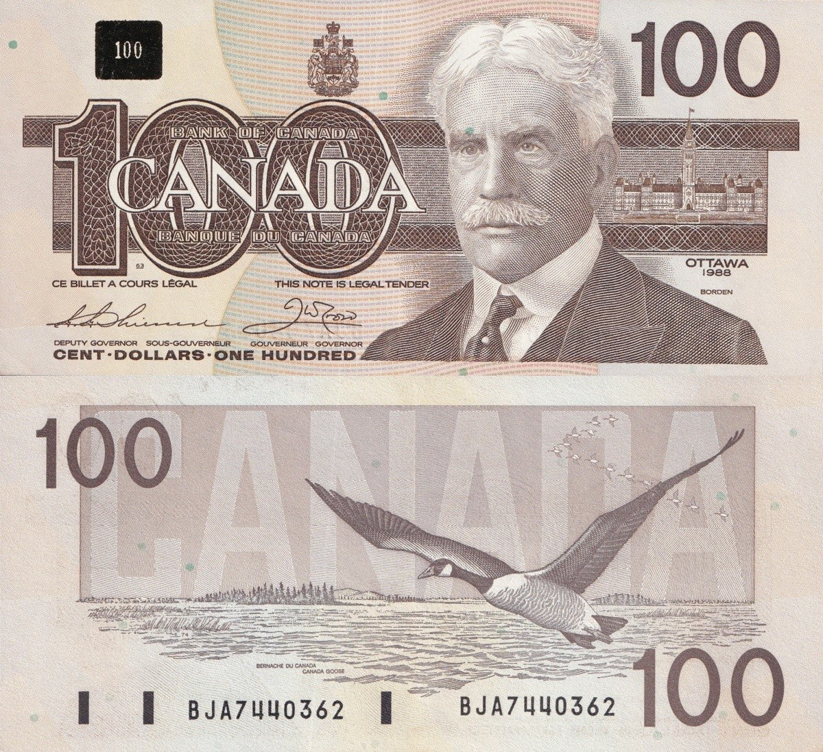Canada 100 Dollars 1988 P 99 AUNC MINOR FOXING
