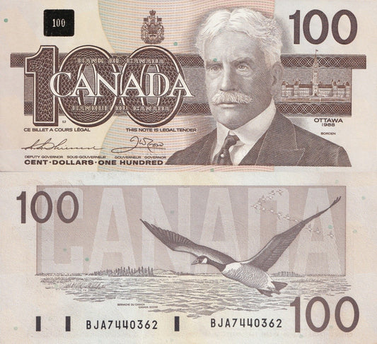 Canada 100 Dollars 1988 P 99 AUNC MINOR FOXING