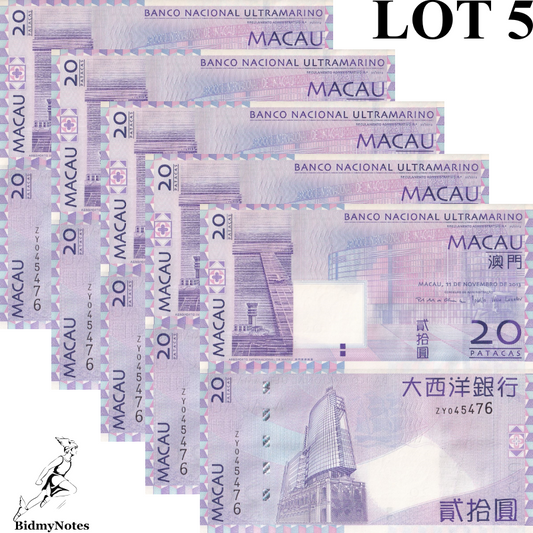 Macau Macao 20 Patacas 2013 P 81c UNC BNU ZY Replacement 1/20 Bundle Lot 5 pcs