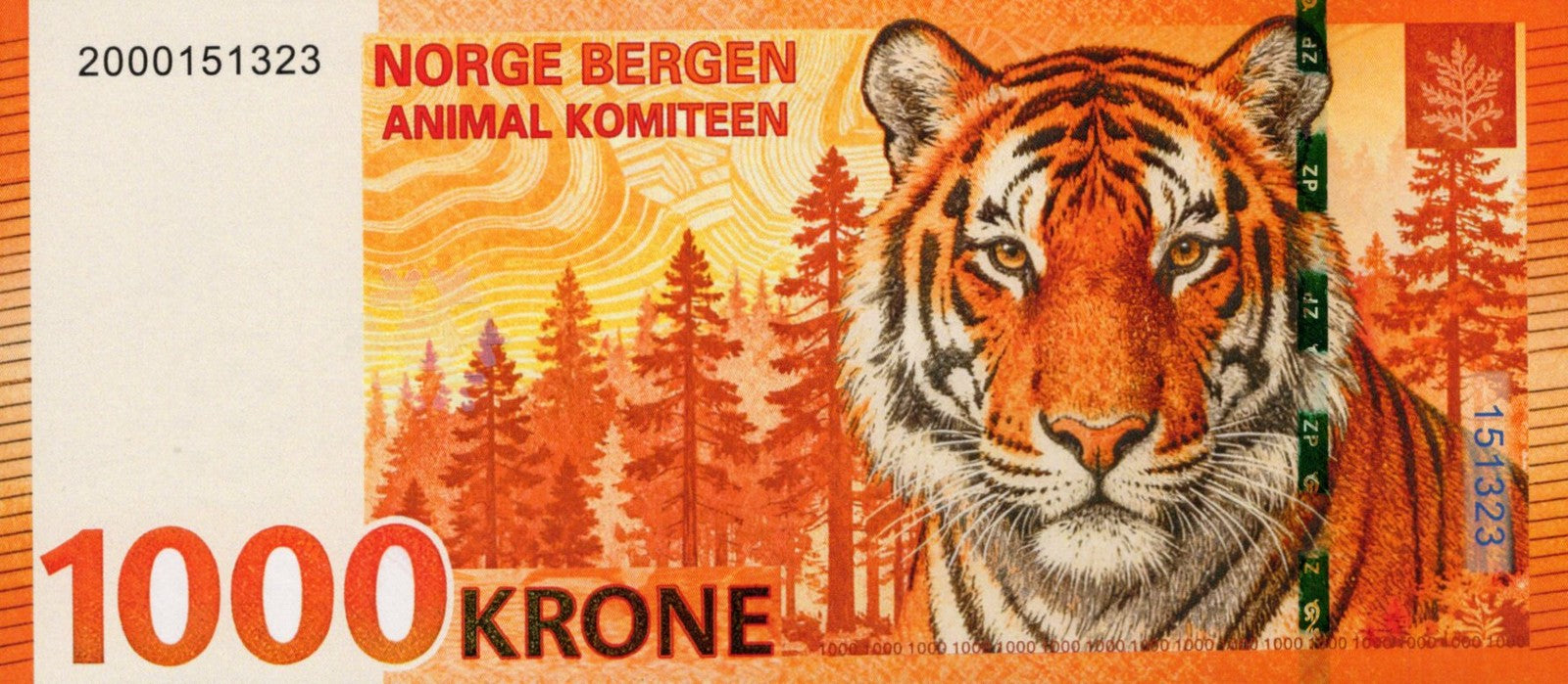 Norway TEST NOTE 1000 Tiger Banknote Animal COMM. Note World Paper Money UNC
