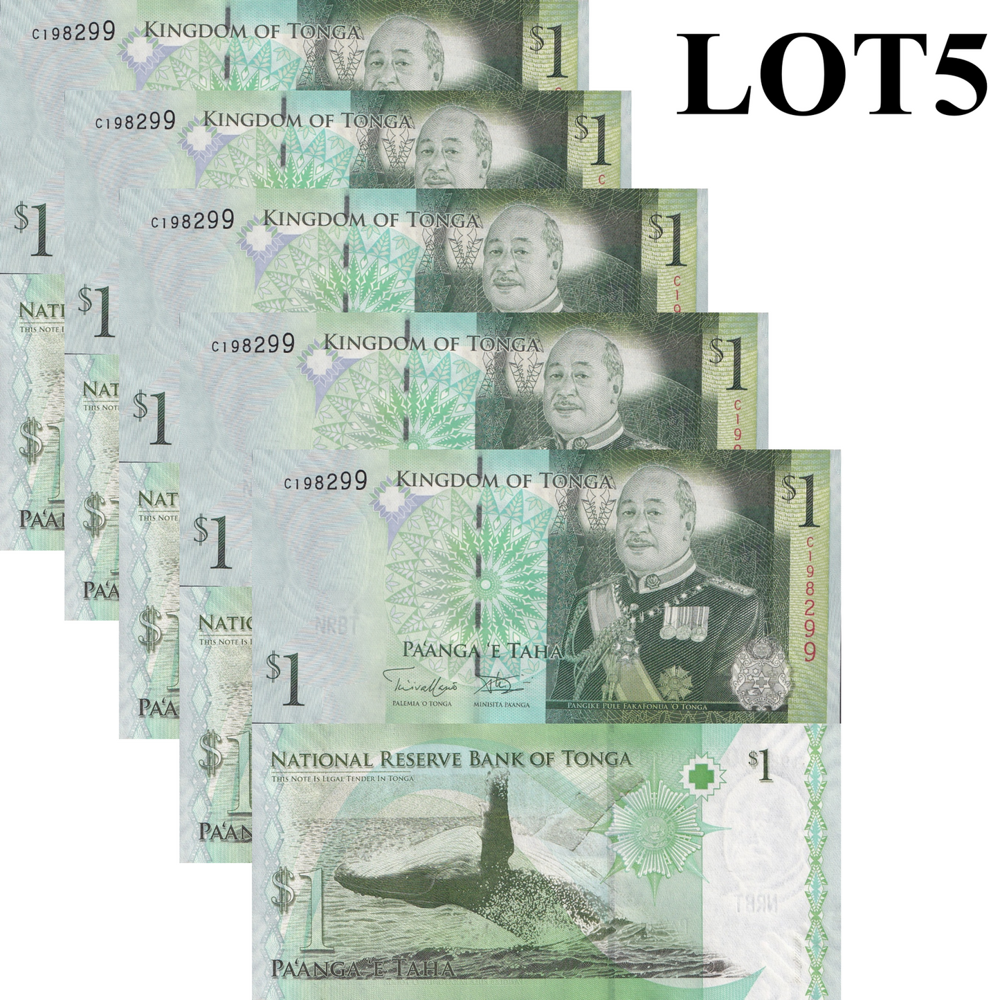 Tonga 1 Pa'anga ND 2009/2014 P 37 UNC 1/20 Bundle Lot 5 pcs