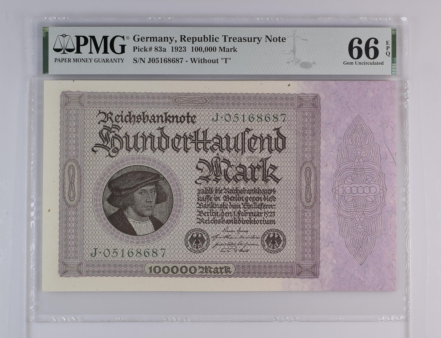 Germany Republic Treasury Note 100000 Mark 1923 P 83a UNC PMG 66 EPQ 2nd TOP POP