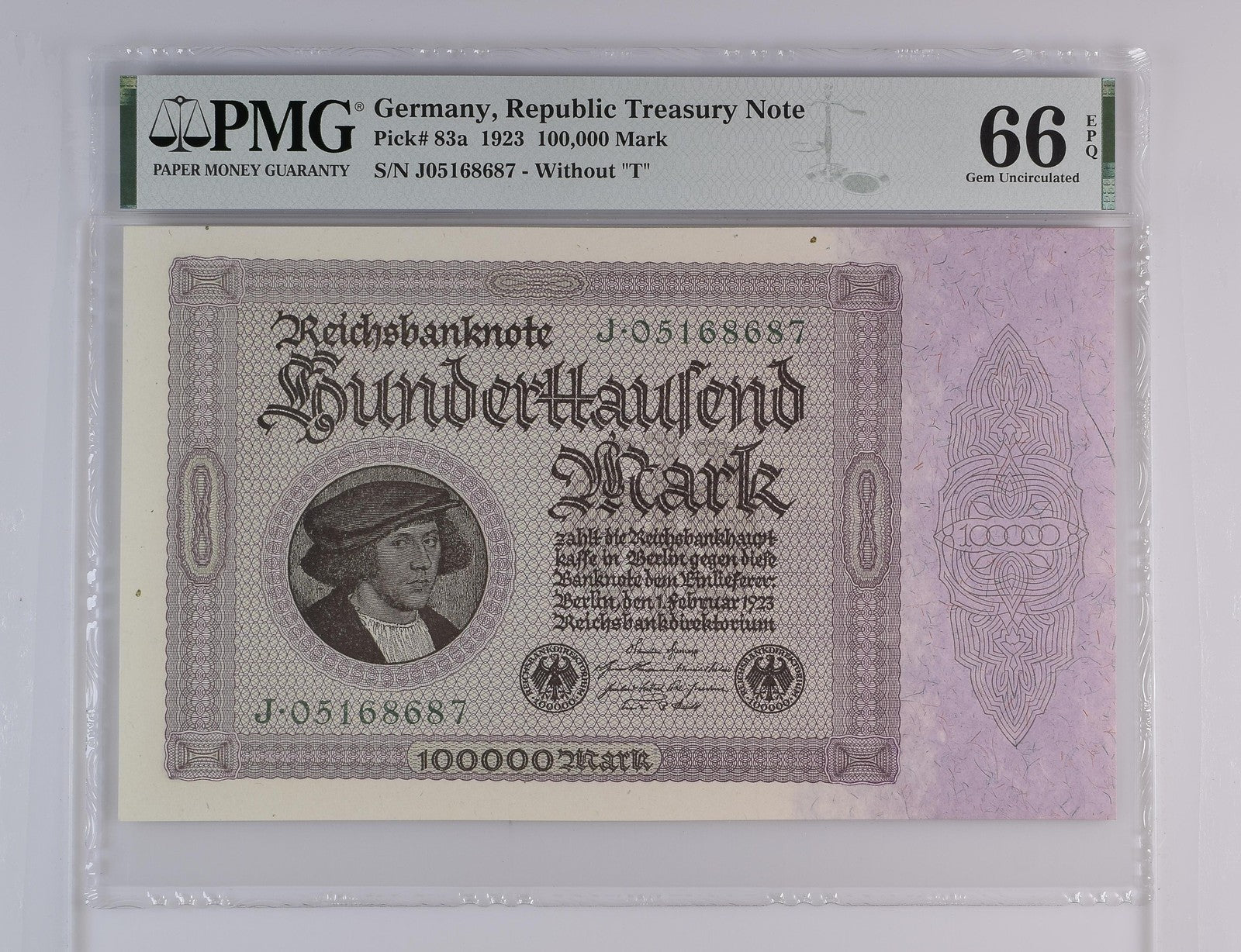Germany Republic Treasury Note 100000 Mark 1923 P 83a UNC PMG 66 EPQ 2nd TOP POP