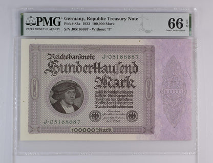 Germany Republic Treasury Note 100000 Mark 1923 P 83a UNC PMG 66 EPQ 2nd TOP POP