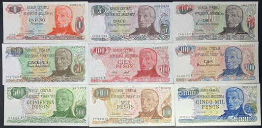 Argentina 1 5 10 50 100-5000 Pesos ND 1976-1985 P 302 303-305 311-315 UNC Set 9